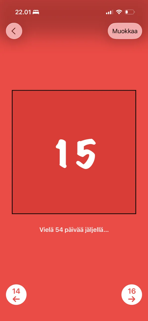 Luukun 15 avaaminen ja laskuri, joka näyttää montako päivää jouluun on jäljellä