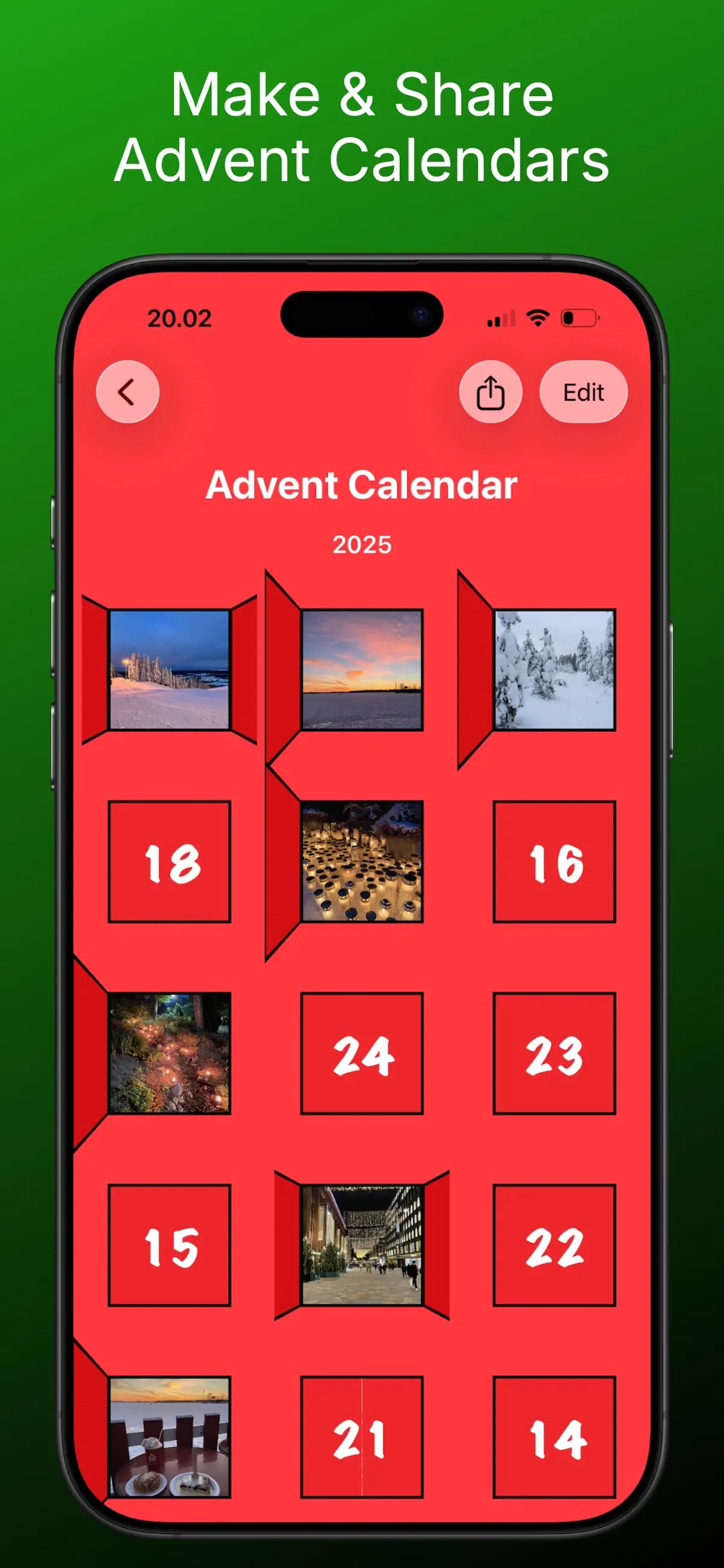 Make and share advent calendars — calendar grid with 24 doors on iPhone