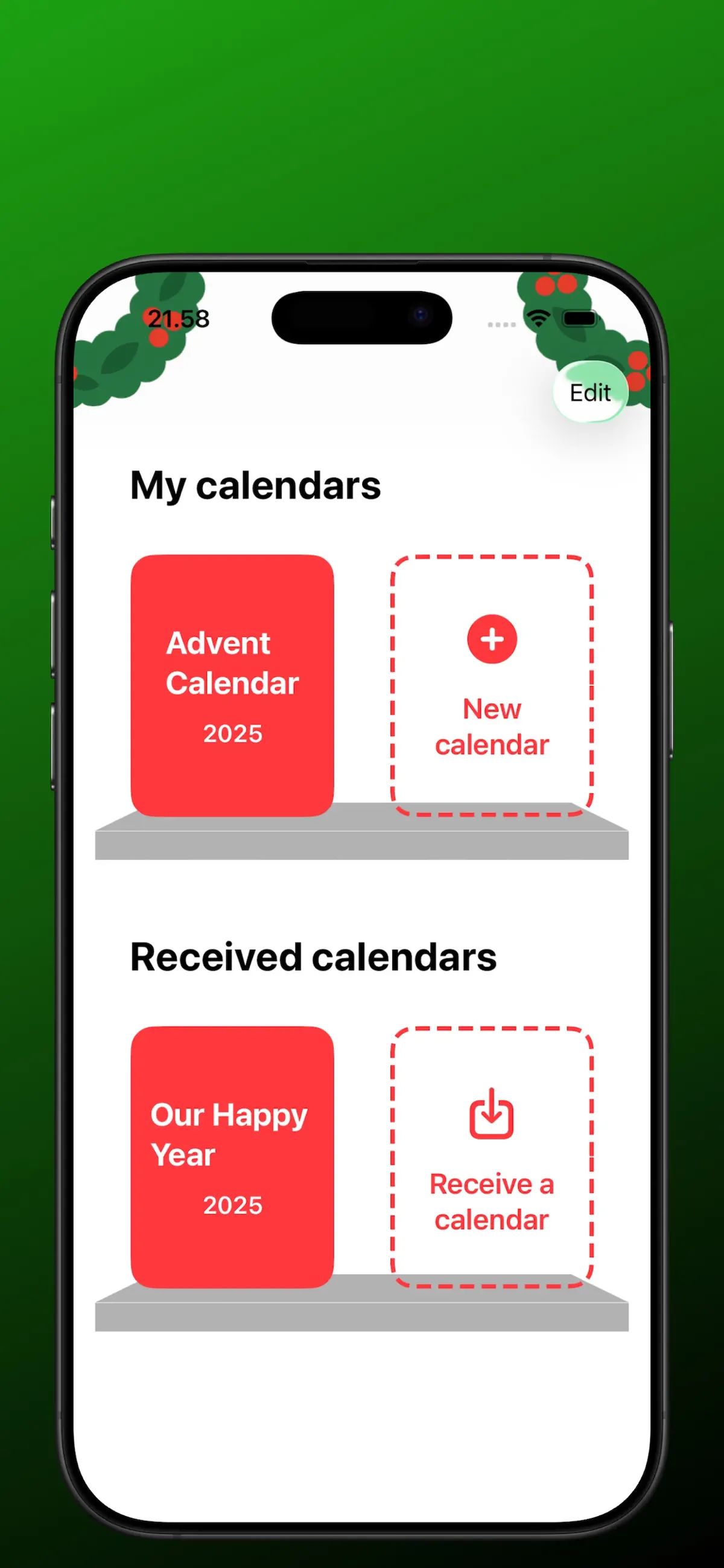 My calendars and received advent calendars on shelves in the app