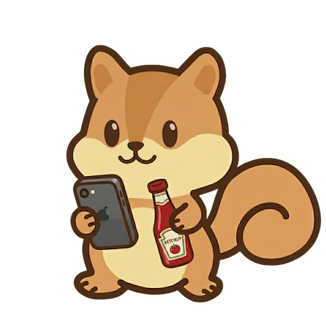 Expiry date scanner mascot holding a phone and ketchup bottle